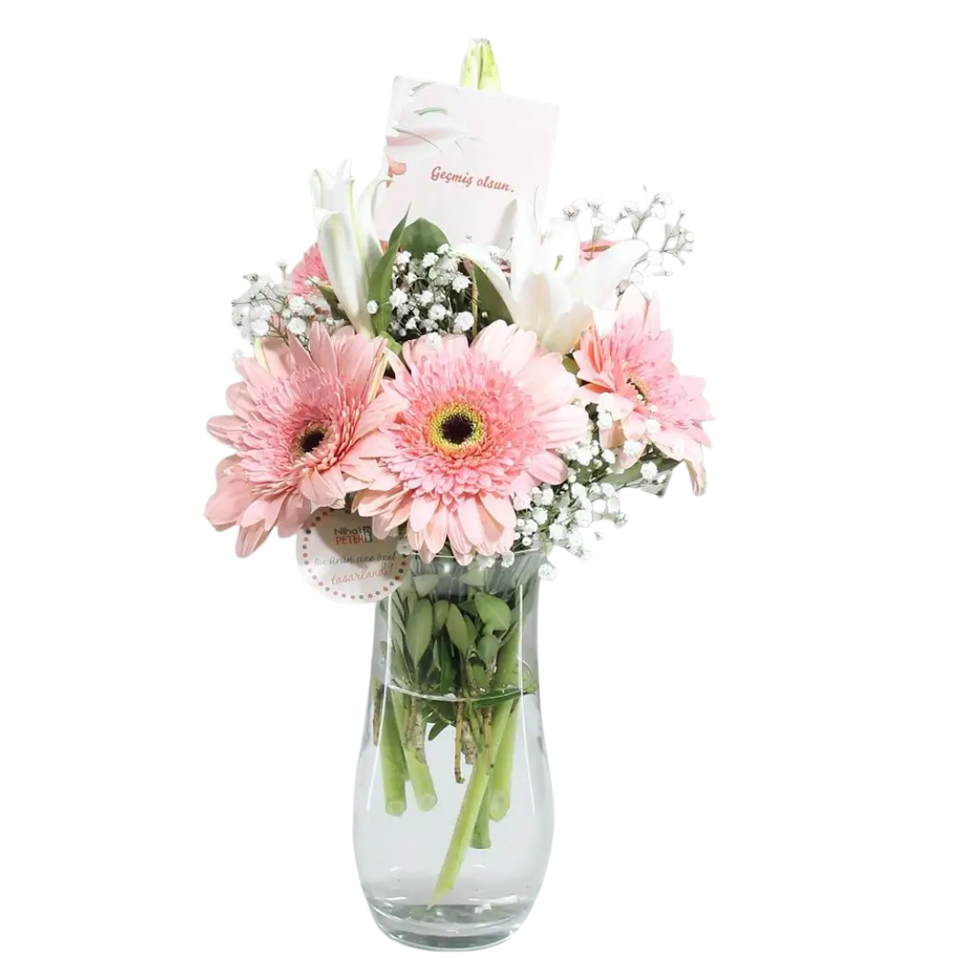 Geçmiş Olsun Pankartlı Gerbera ve Lilyum Aranjmanı