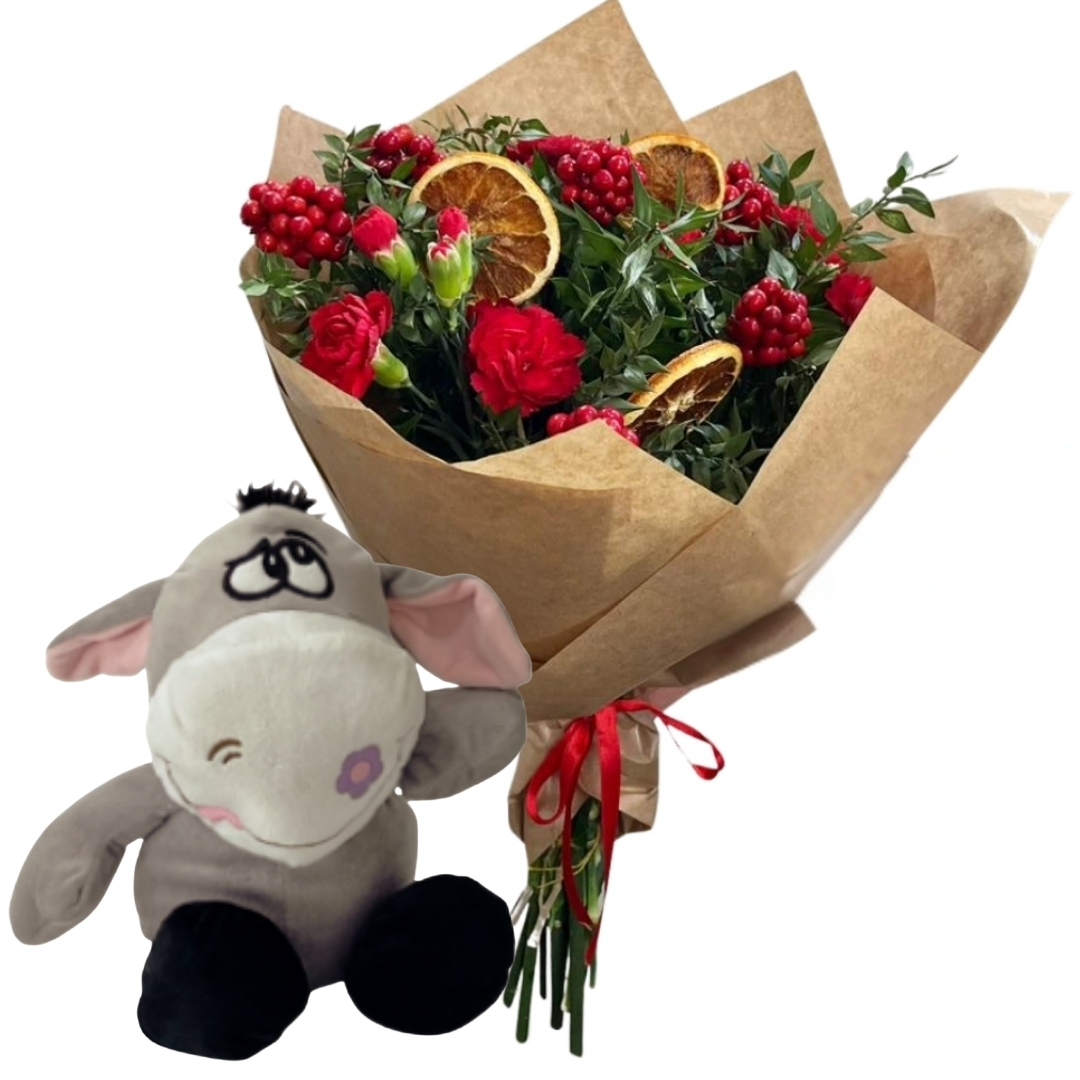Peluş Eşekli Kokina Aranjmanı