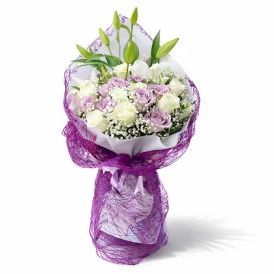 Harika Lilyum Lila ve Beyaz Güller Buketi