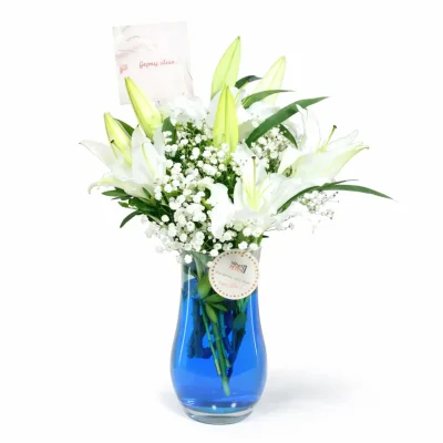 Geçmiş Olsun Pankartlı Beyaz Lilyum Aranjmanı