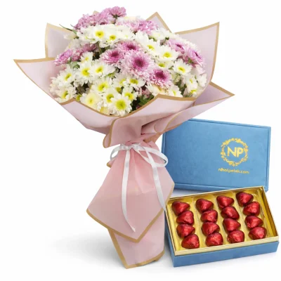 Pembe Beyaz Krizantem Buketi & Mavi Premium Çikolata Seti