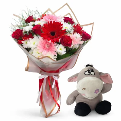 Çiçek Buketi ve Peluş Eşek
