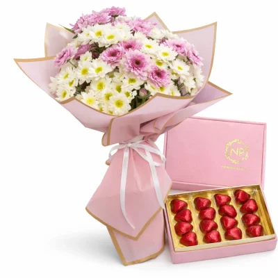 Pembe Zarafet Çikolata & Krizantem Seti